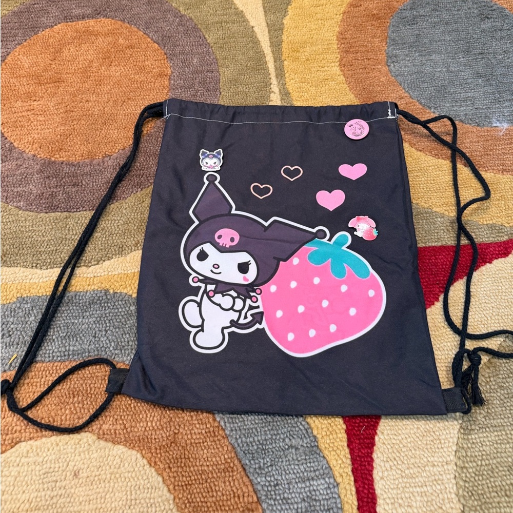 Kuromi Cartoon Character Gym Bag Thin Black Drawstring Backpack Pins Attached